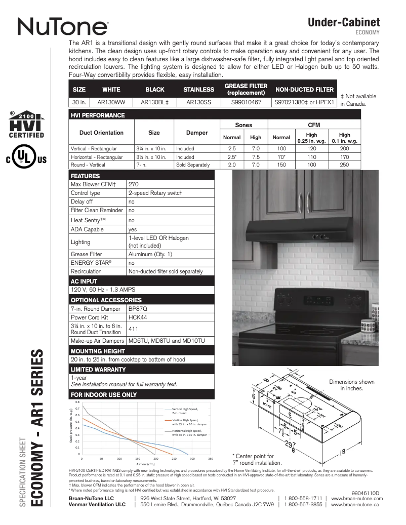 Page 1 de la notice Fiche technique NuTone AR130SS