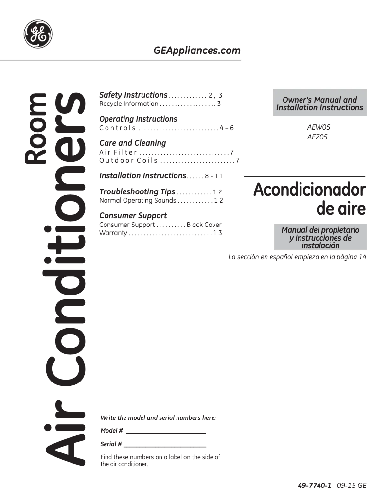 Página 1 del manual Guía de instalación GE AEW05LV