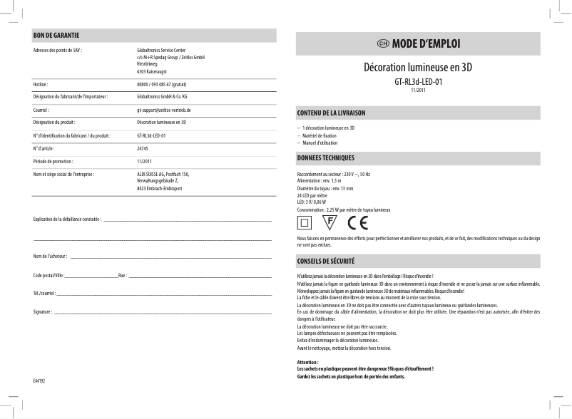 Page 1 de la notice Manuel utilisateur GlobalTronics GT-RL3d-LED01