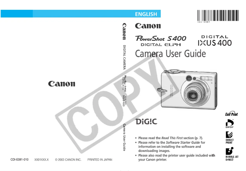 Page 1 de la notice Manuel utilisateur Canon IXUS 400