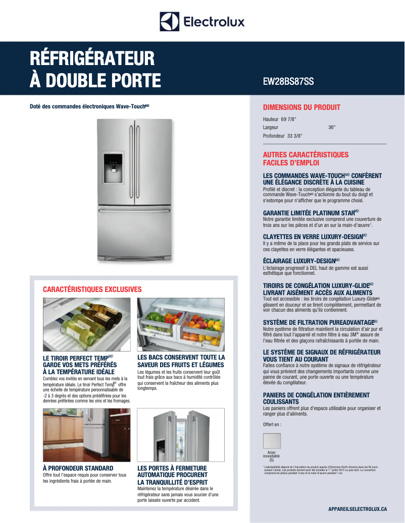 Page 1 de la notice Fiche technique Electrolux EW28BS87SS