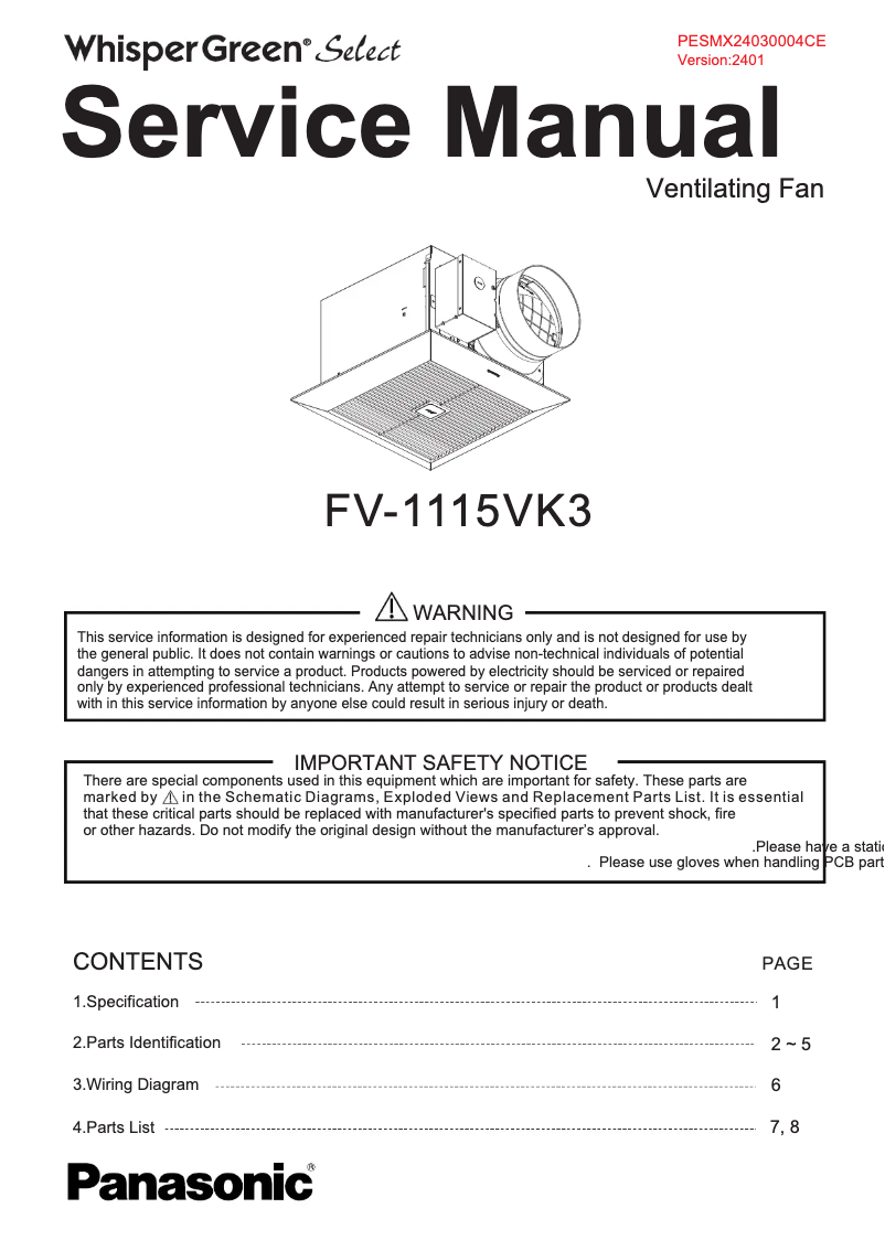 Page 1 de la notice Manuel utilisateur Panasonic FV-1115VK3