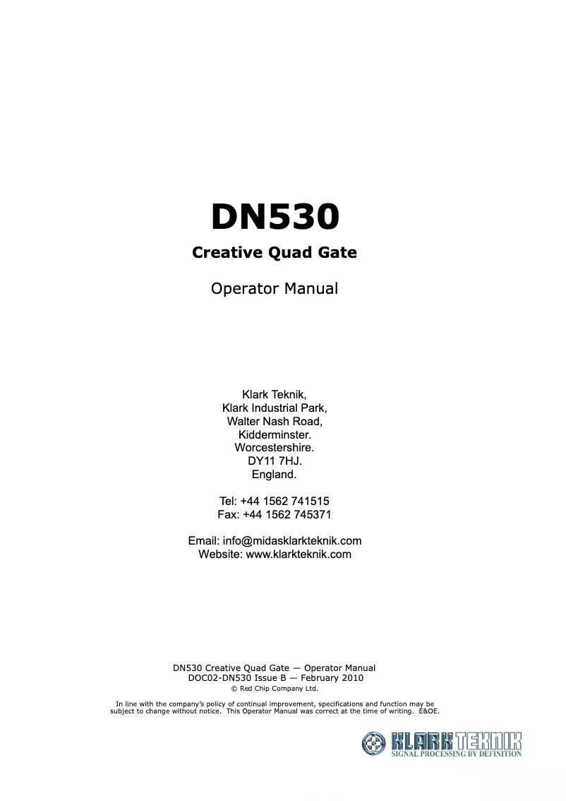 Page n°1 - Manuel utilisateur Klark Teknik DN540