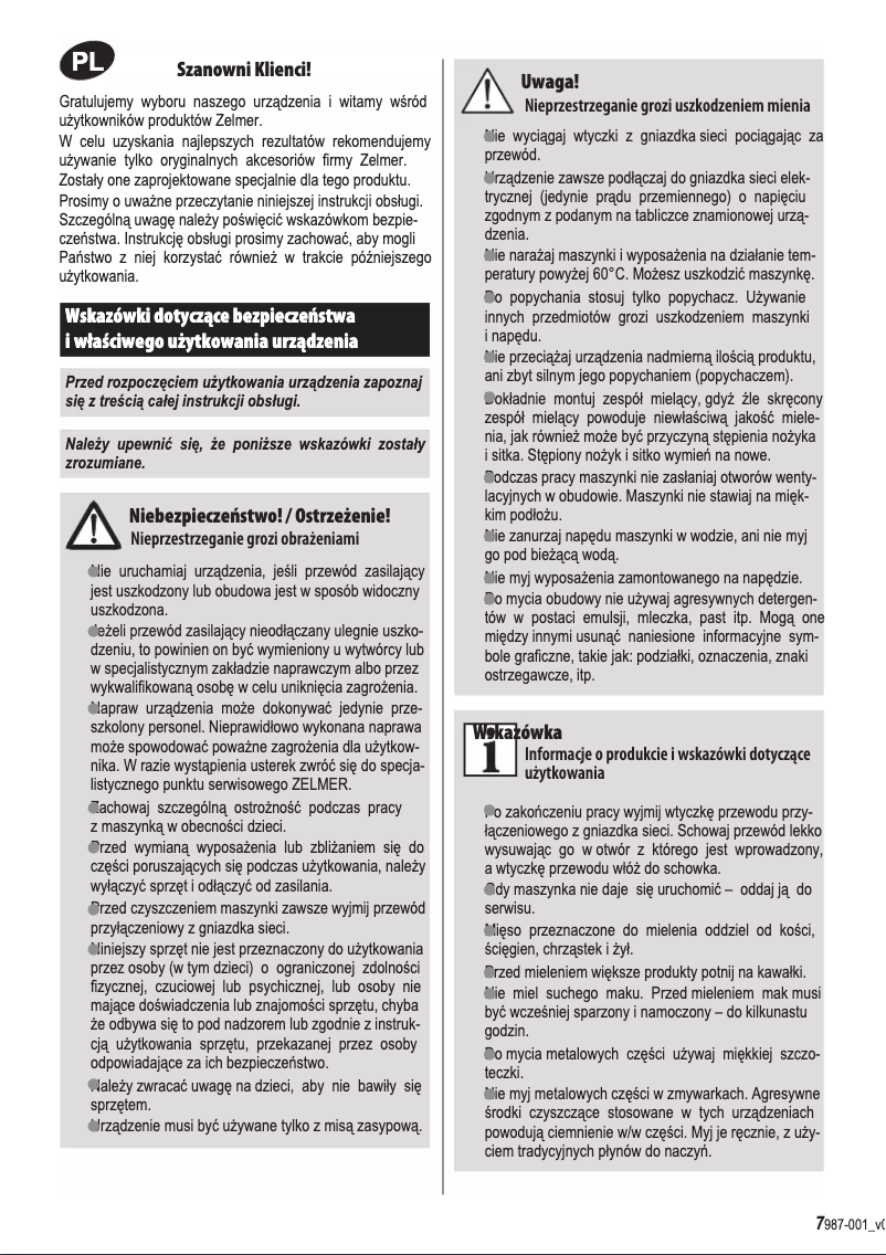 Page 1 de la notice Manuel utilisateur Zelmer 987