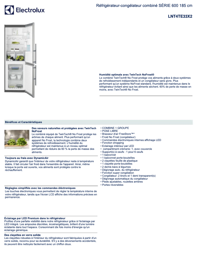 Page 1 de la notice Fiche technique Electrolux LNT4TE33X2