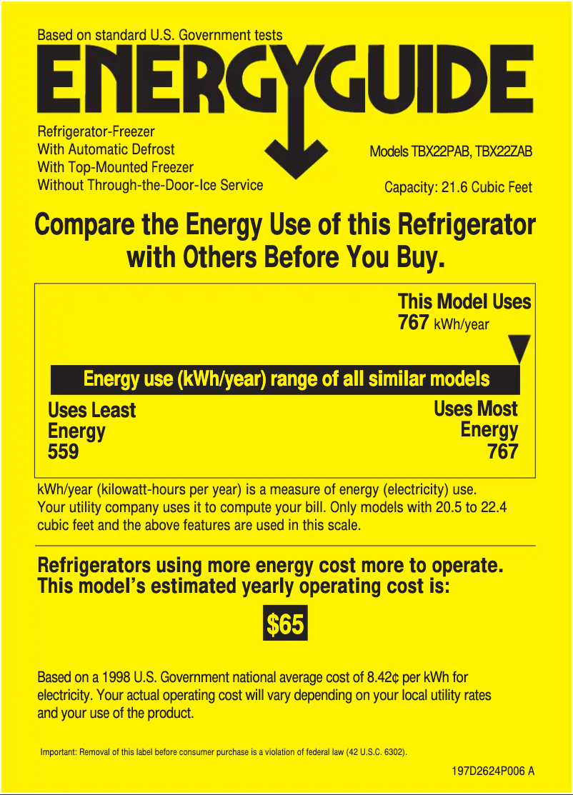 Page 1 de la notice Label énergétique GE Profile TBX22PABCC