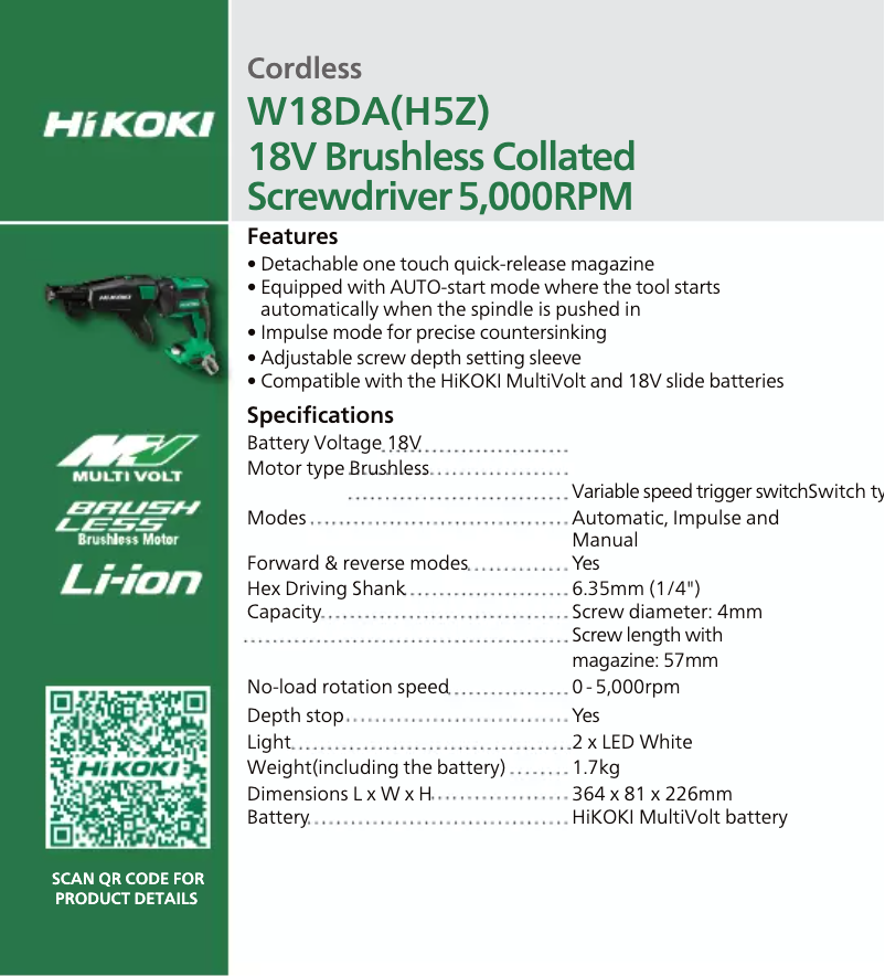 Page 1 de la notice Fiche technique HiKOKI W 18DA