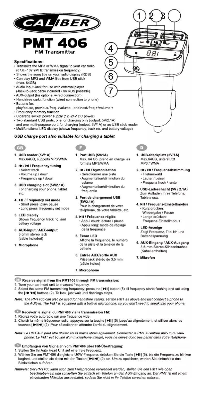 Page 1 de la notice Manuel utilisateur Caliber PMT 406