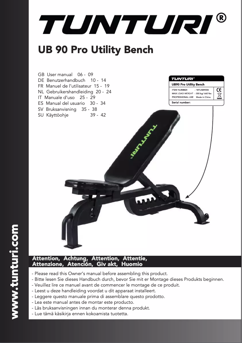 Page 1 de la notice Manuel utilisateur Tunturi UB 90 Pro Utility Bench