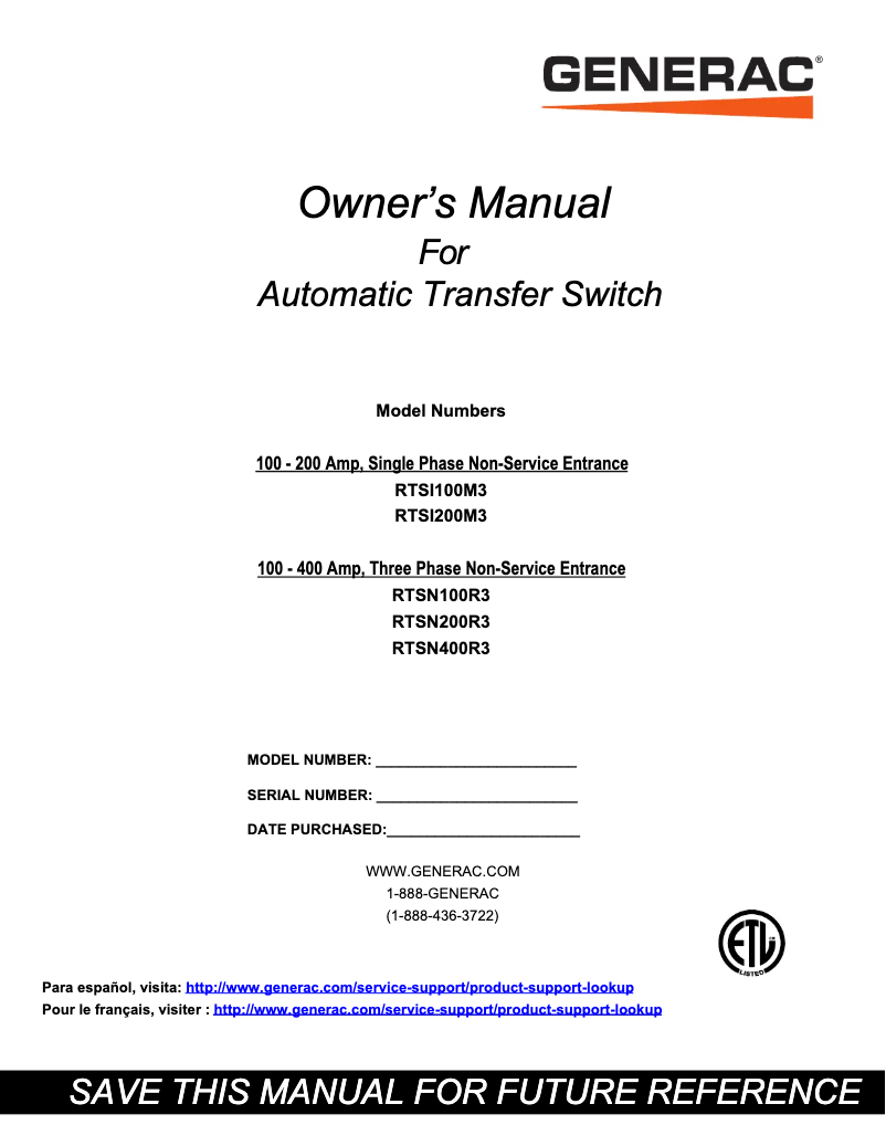 Page 1 de la notice Manuel utilisateur Generac RTSI100M3