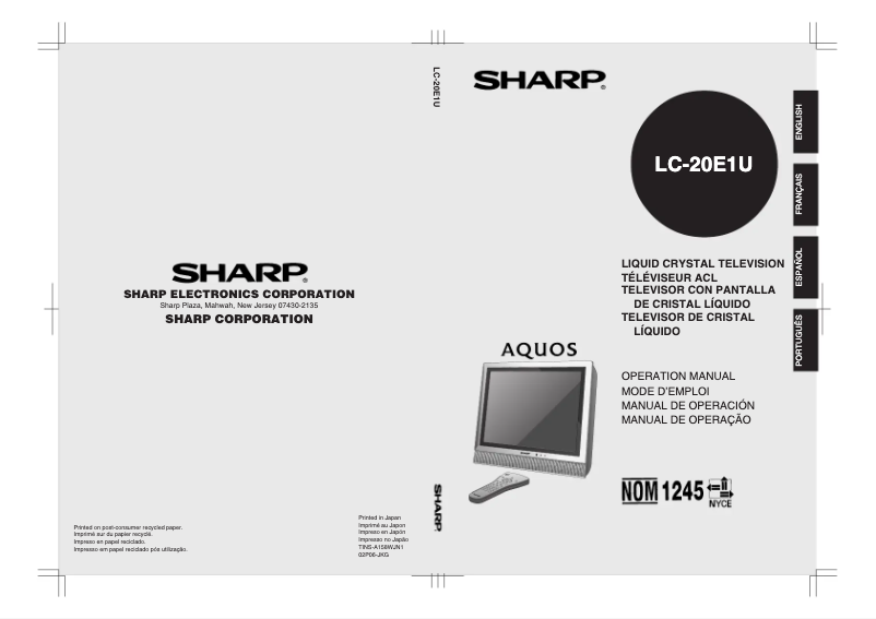 Page n°1 - Manuel utilisateur Sharp AQUOS LC-20E1U