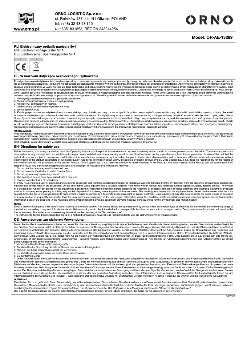 Page 1 de la notice Manuel utilisateur ORNO OR-AE-13289