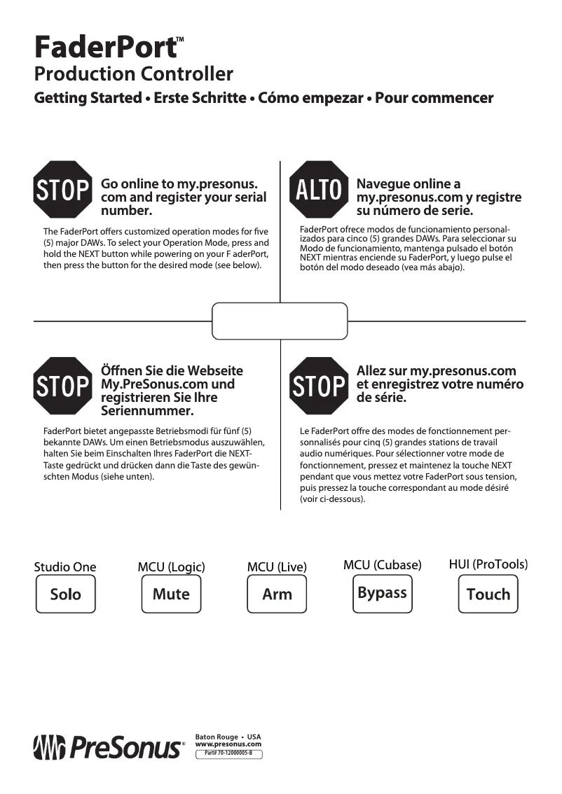 Page 1 de la notice Guide de démarrage rapide PreSonus FaderPort
