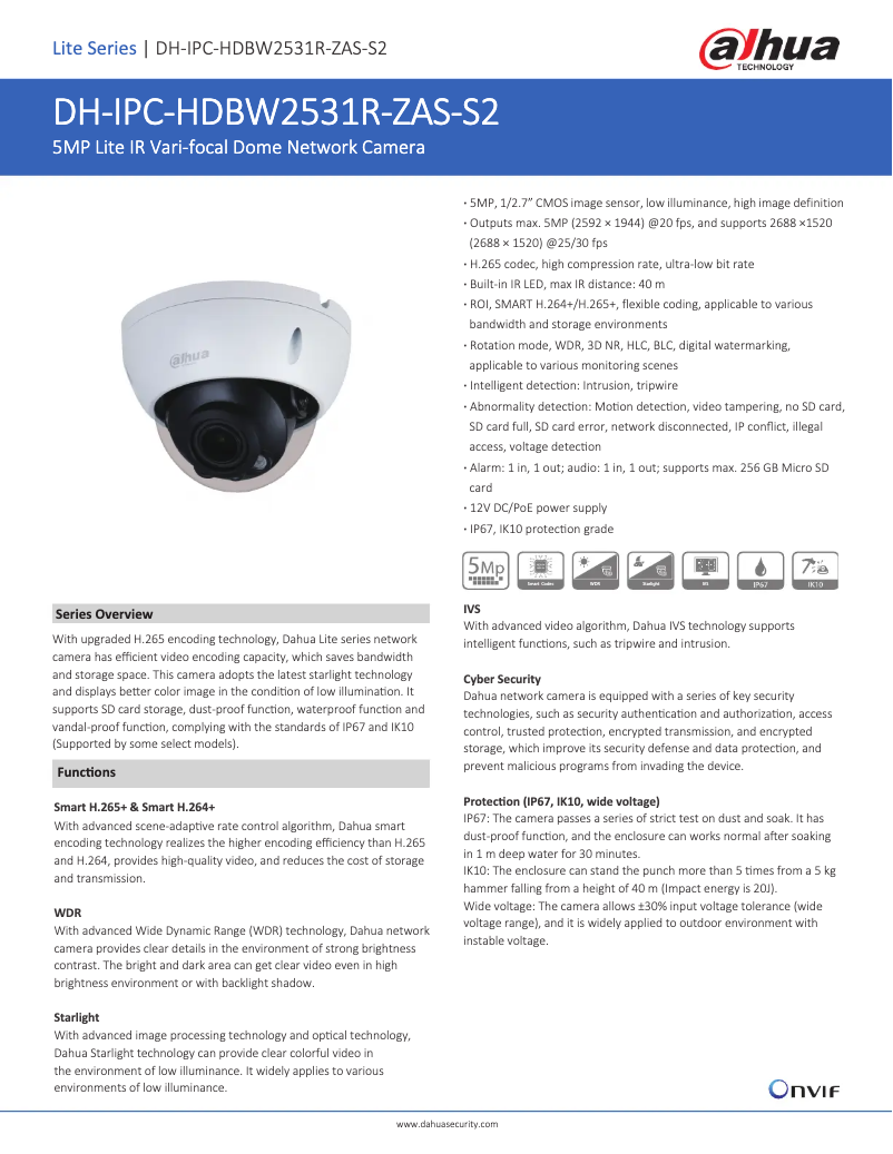 Page 1 de la notice Fiche technique Dahua Technology IPC-HDBW2531R-ZAS-S2