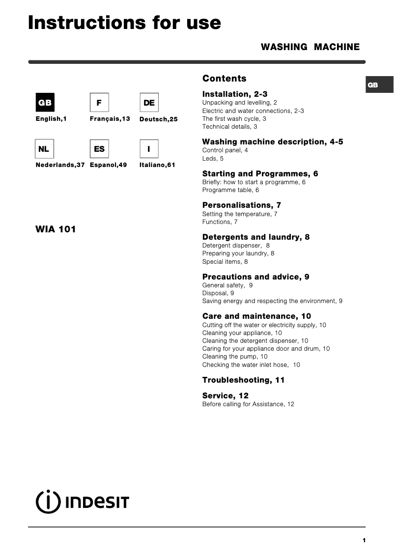Page 1 de la notice Manuel utilisateur Indesit WIA 101