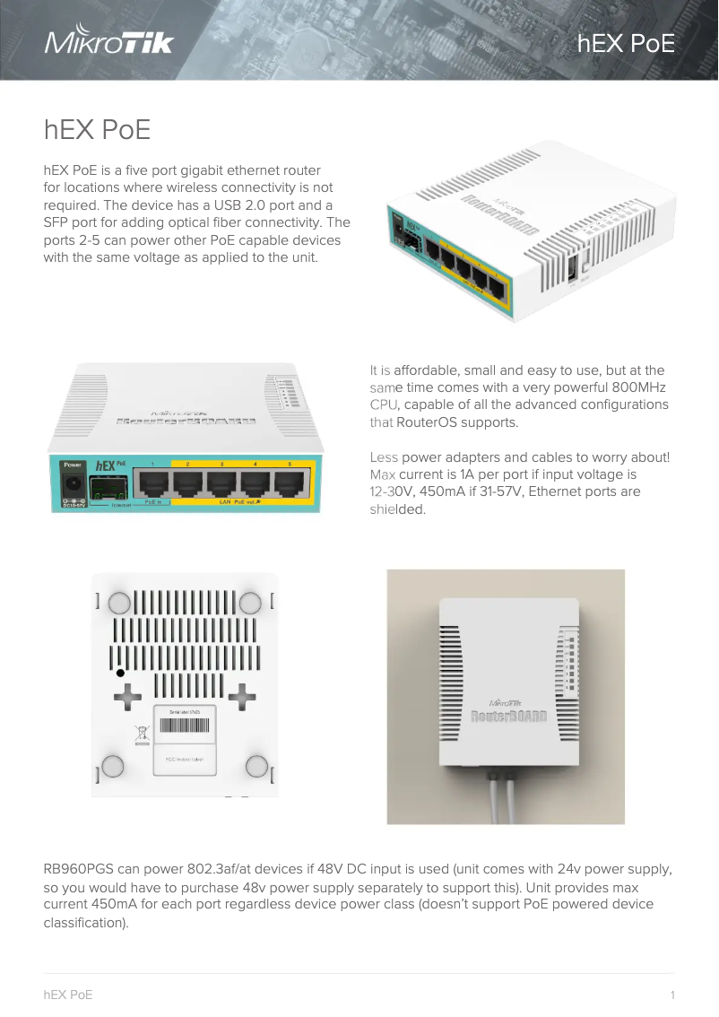 Page 1 de la notice Brochure Mikrotik hEX PoE