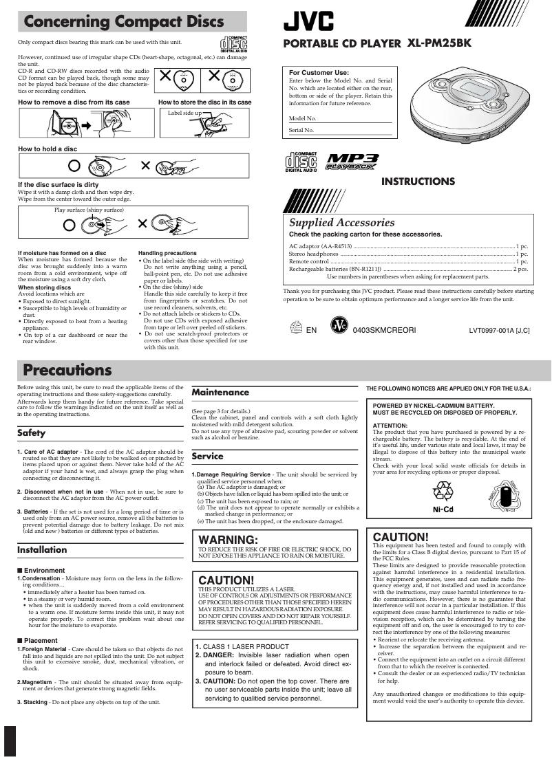 Page 1 de la notice Manuel utilisateur JVC XL-PM25