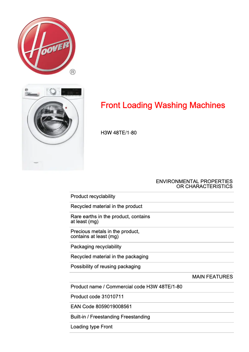 Page n°1 - Fiche technique Hoover H-WASH 300 LITE H3W 48TE/1-80