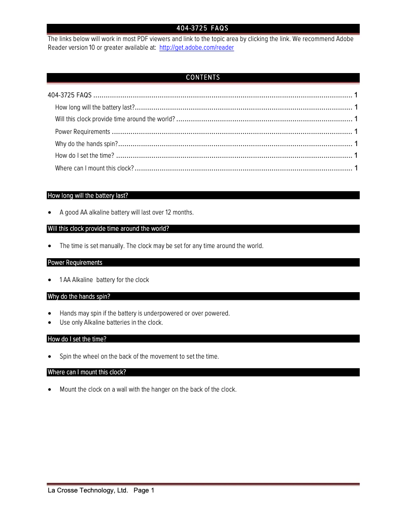 Page 1 de la notice FAQ La Crosse Technology 404-3725