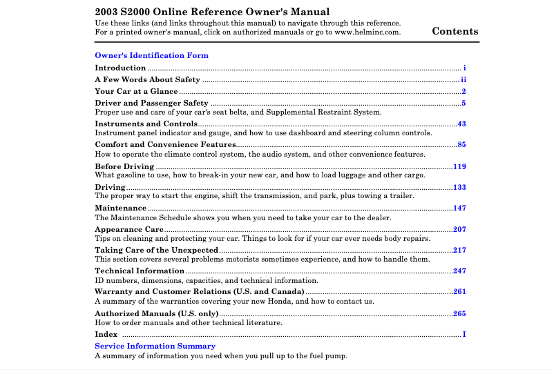 Página 1 del manual Manual de usuario Honda S2000 (2003)