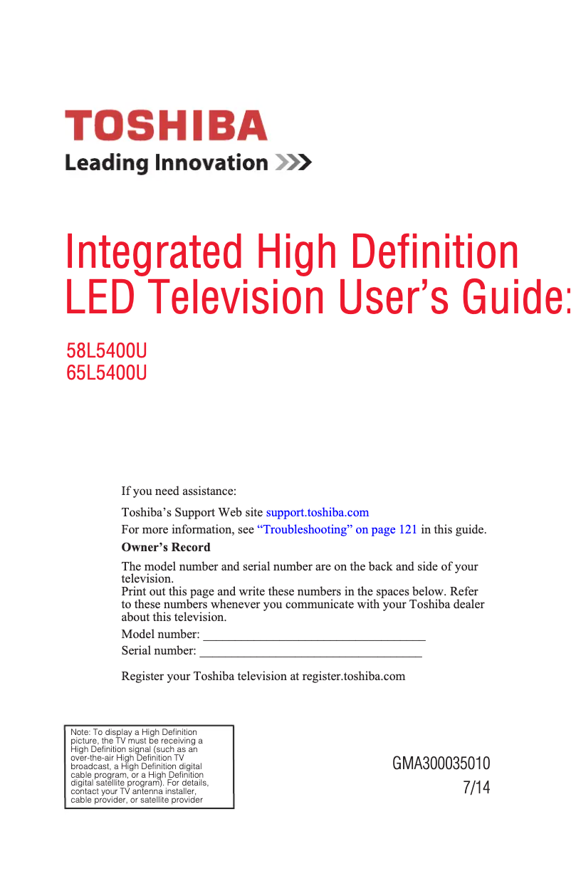 Page n°1 - Manuel utilisateur Toshiba 58L5400U