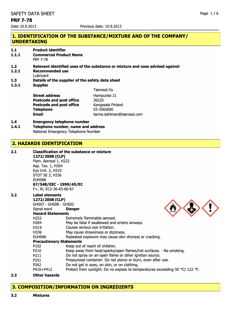 Page n°1 - Manuel utilisateur Taerosol PRF 78/220