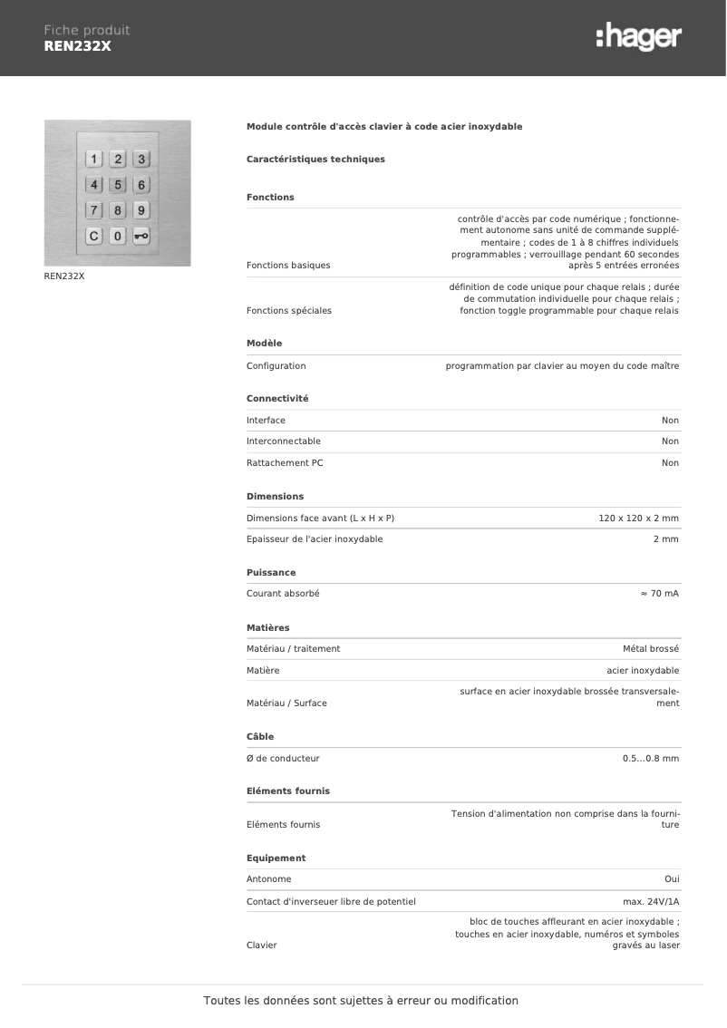 Page n°1 - Fiche technique Elcom REN232X