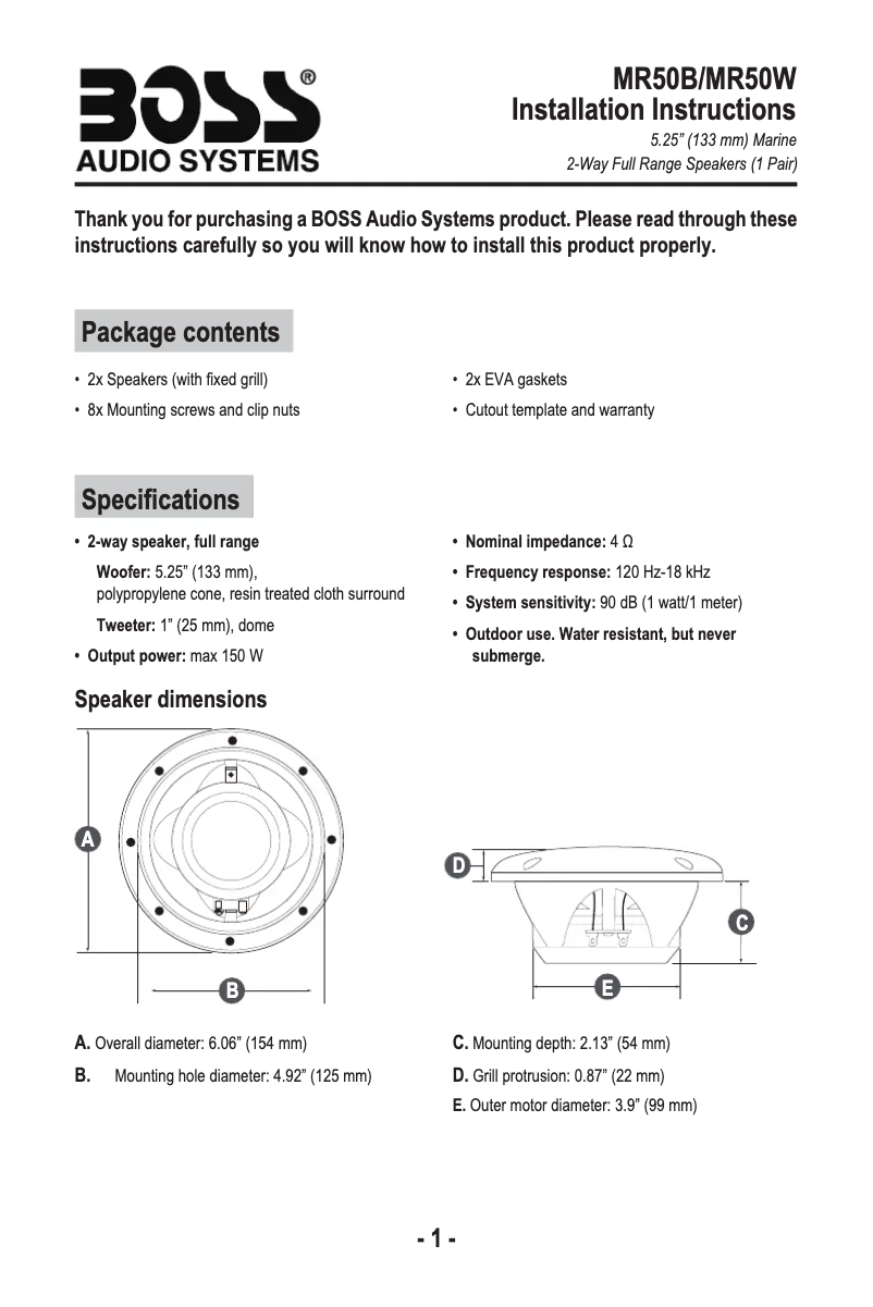 Page 1 de la notice Manuel utilisateur Boss MR50W
