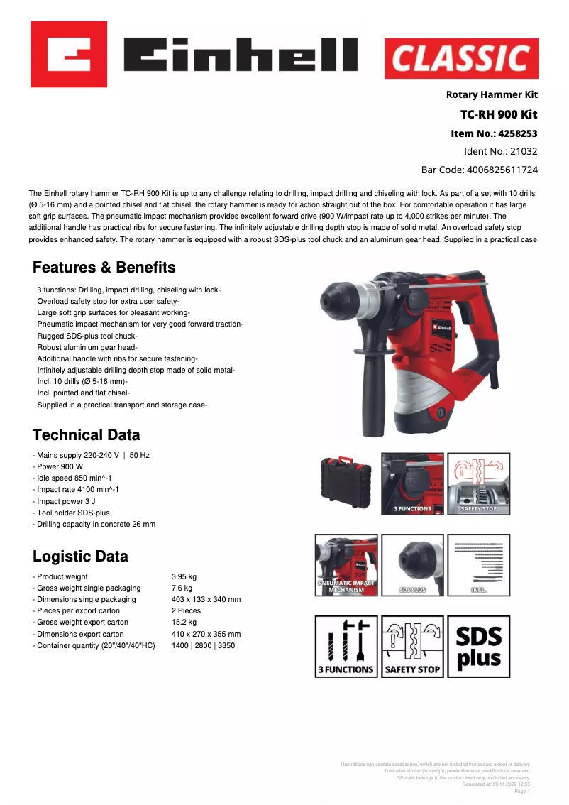 Page 1 de la notice Fiche technique Einhell TC-RH 900 KIT