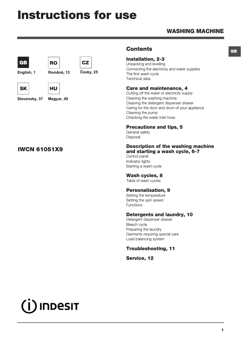 Page 1 de la notice Manuel utilisateur Indesit IWCN 61051X9 (CZ)