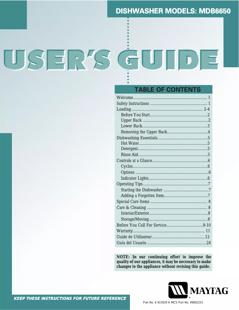 Page 1 de la notice Manuel utilisateur Maytag MDB6650