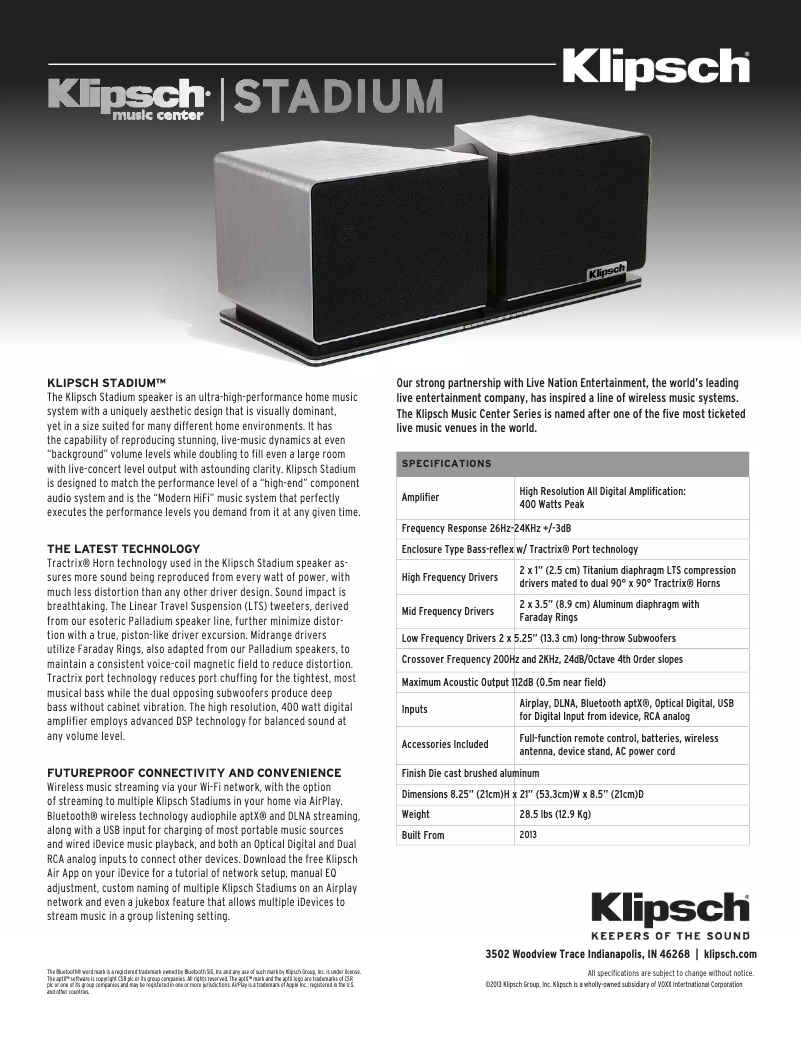 Page n°1 - Fiche technique Klipsch Stadium