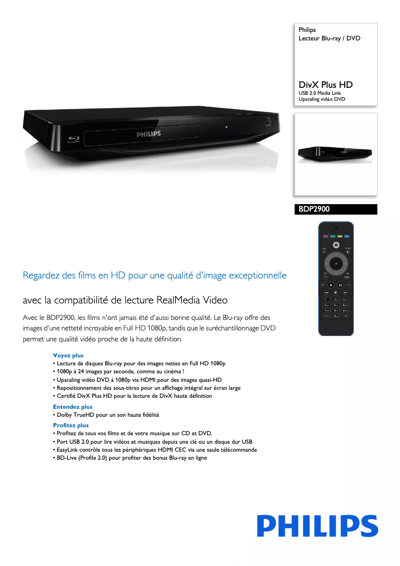 Page n°1 - Fiche technique Philips BDP2900