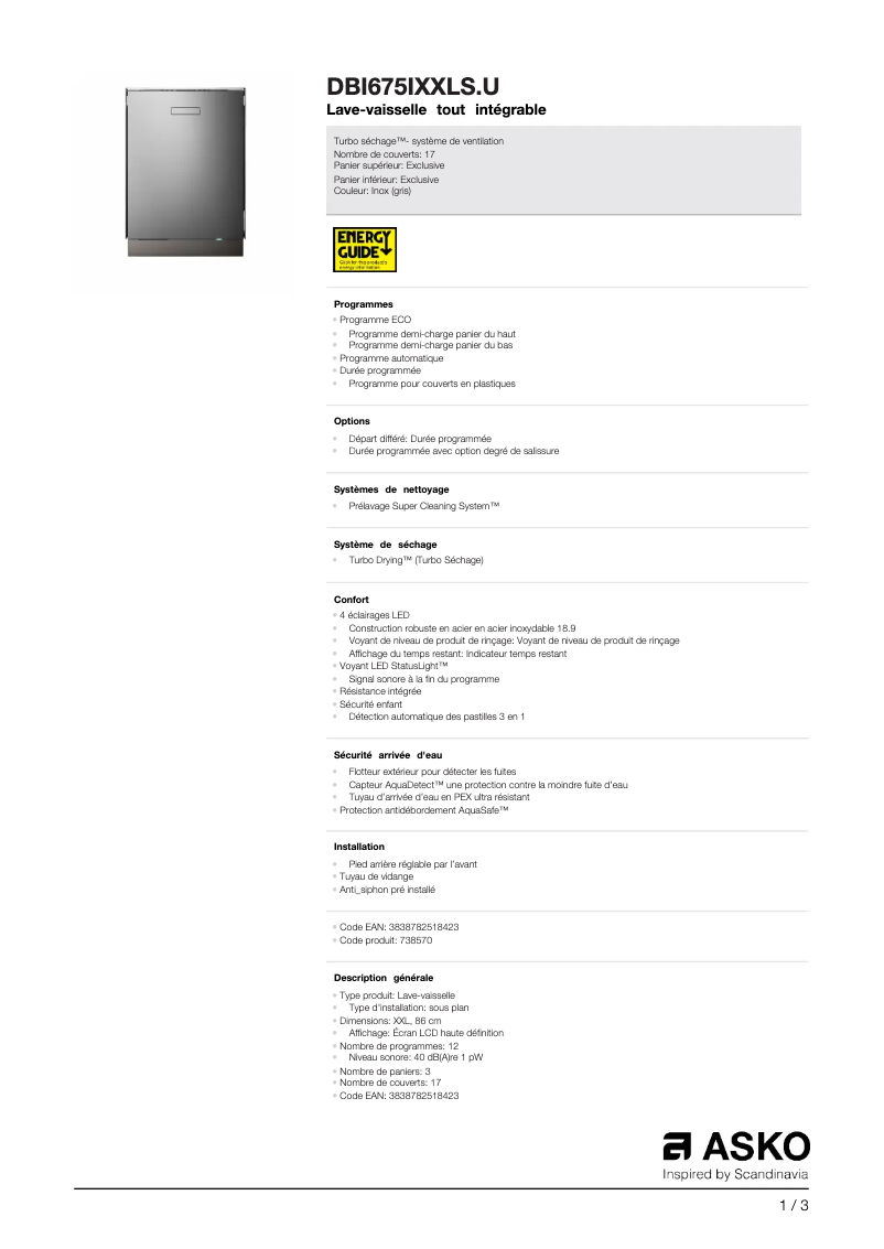 Page 1 de la notice Fiche technique Asko DBI675IXXLS.U