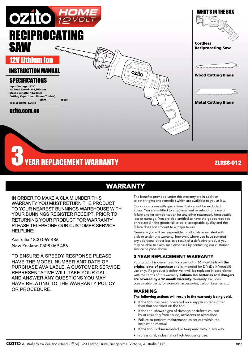 Page 1 de la notice Mode d'emploi Ozito ZLRSS-012