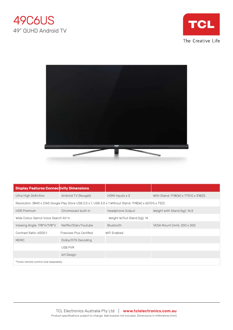 Page 1 de la notice Fiche technique TCL 49C6US