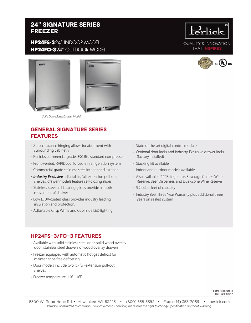 Page n°1 - Fiche technique Perlick HP24FS32R