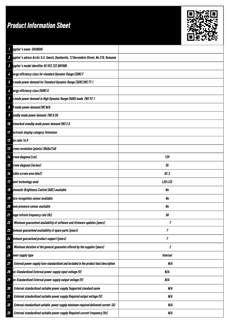 Page 1 de la notice Fiche technique Grundig 55 VCE 222