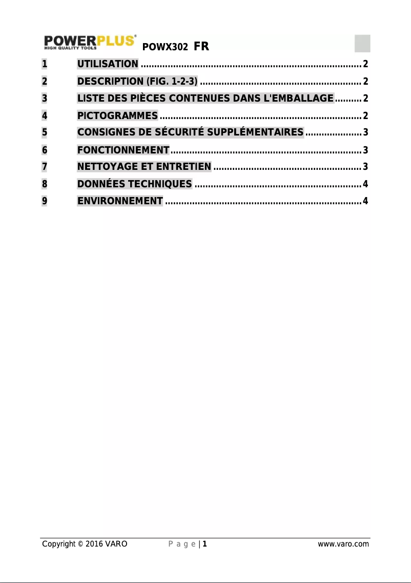 Page n°1 - Manuel utilisateur PowerPlus POWX302