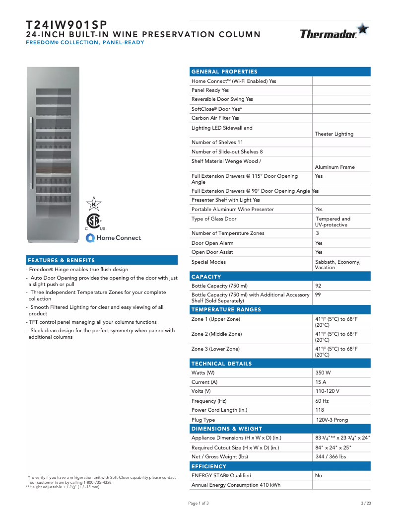 Page 1 of the manual Technical Sheet Thermador T24IW901SP