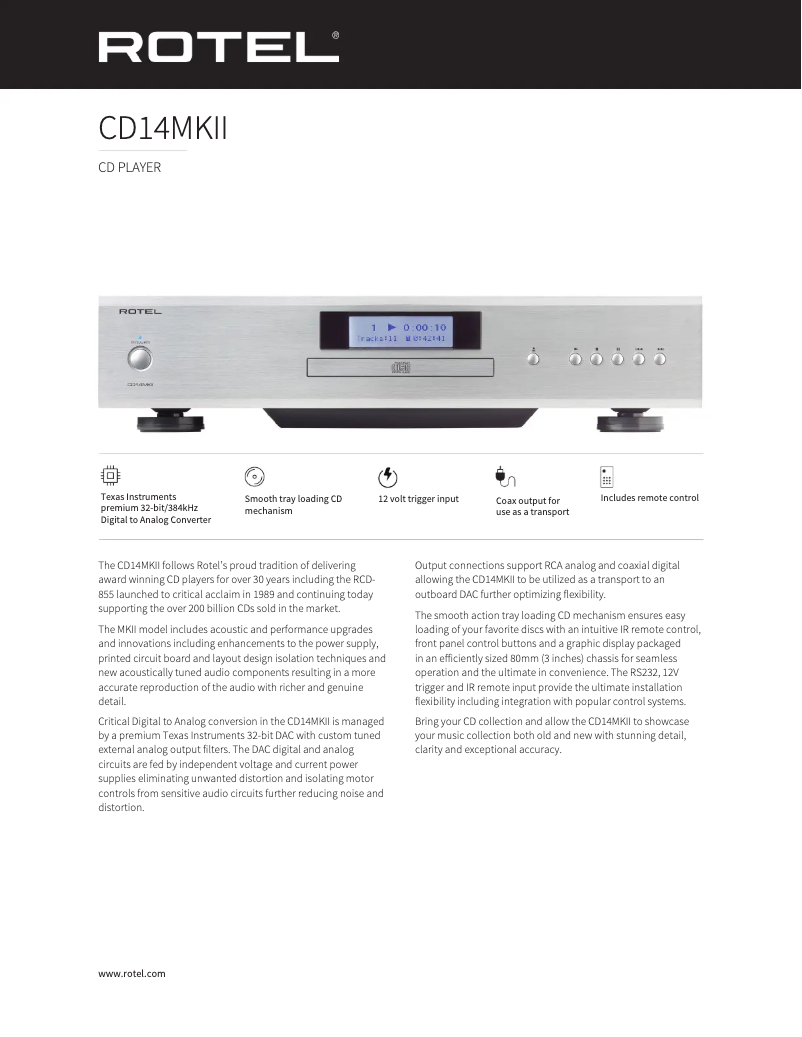 Page 1 de la notice Fiche technique Rotel CD14MKII