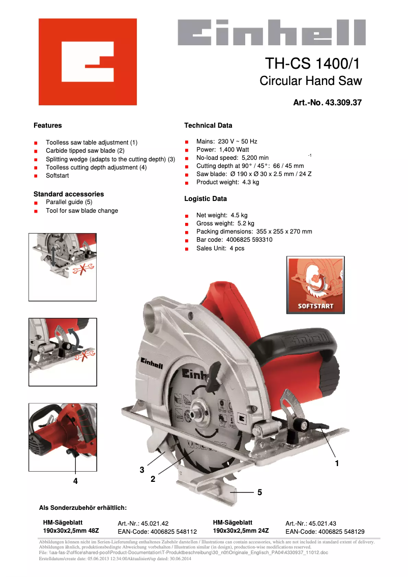 Page 1 de la notice Fiche technique Einhell TC-CS 1400