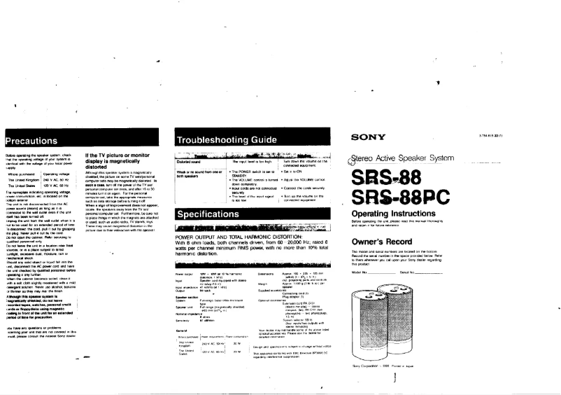 Page 1 de la notice Manuel utilisateur Sony SRS-88