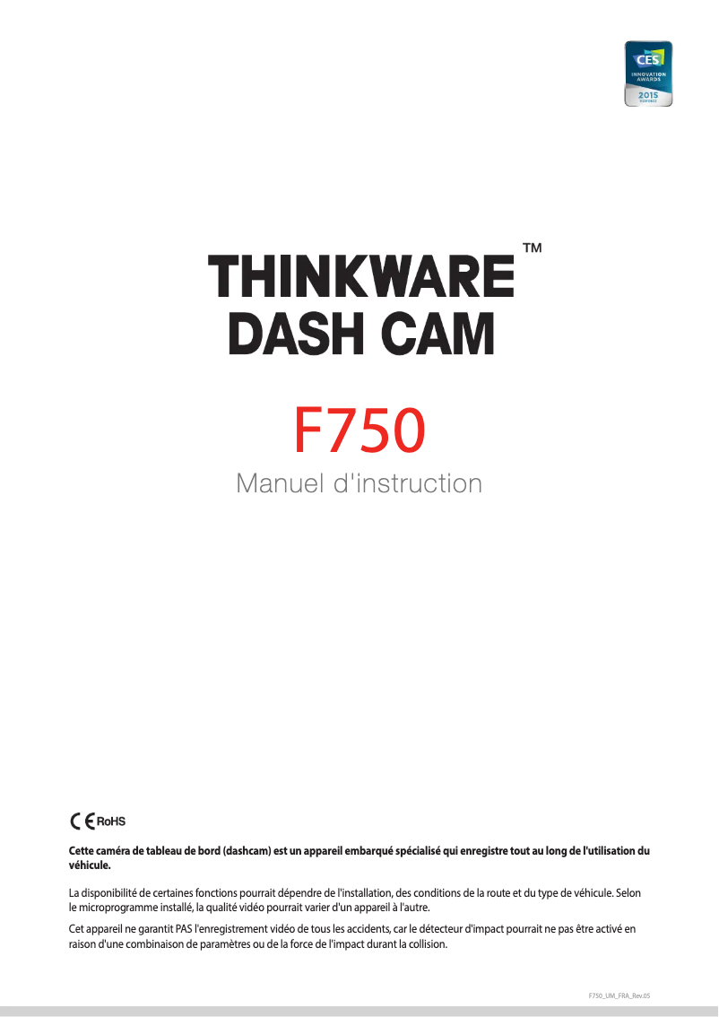 Page 1 de la notice Manuel utilisateur Thinkware Dashcam F750