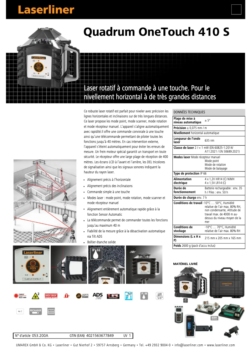 Page 1 de la notice Fiche technique Laserliner Quadrum OneTouch 410 S