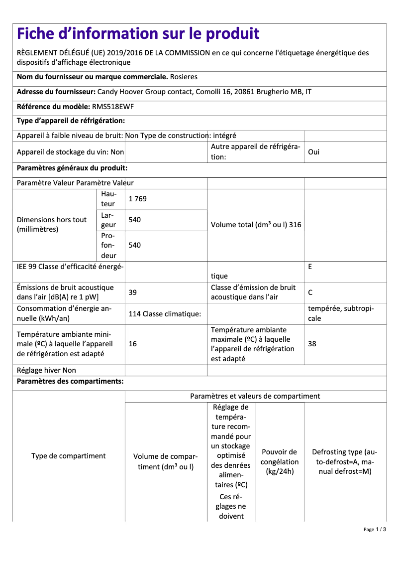 Page n°1 - Fiche technique Rosieres RMS518EWF