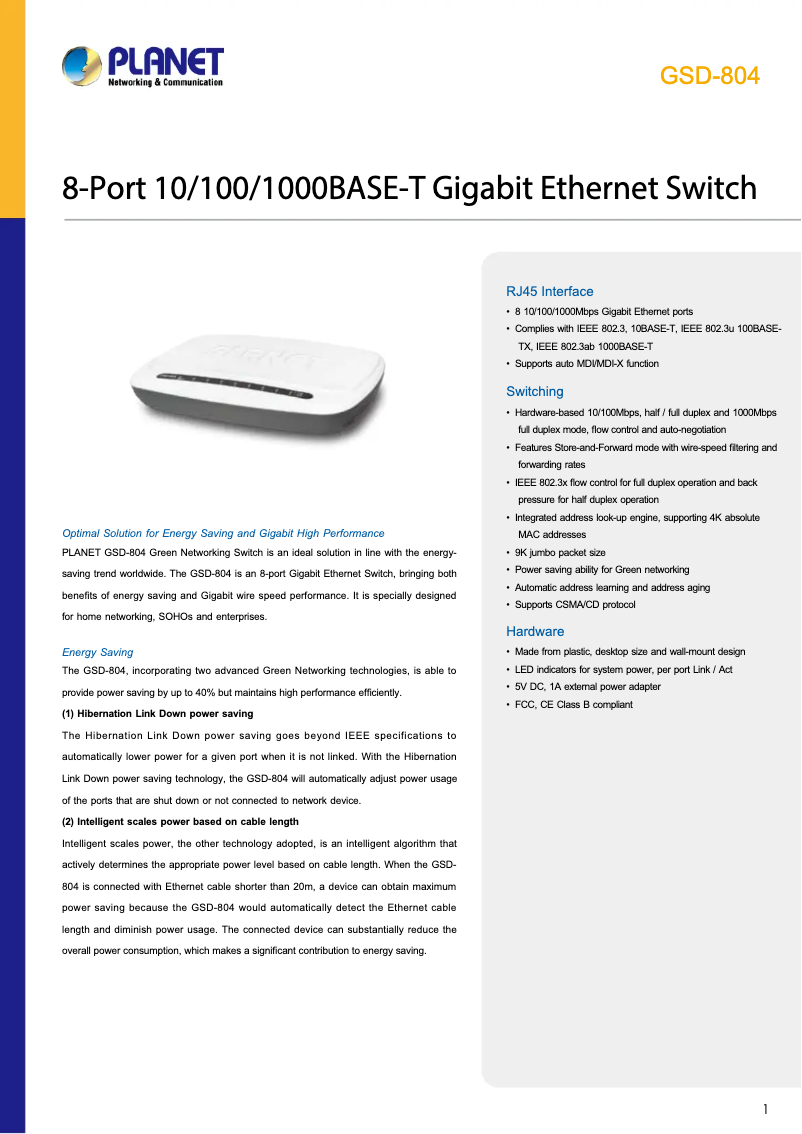Page n°1 - Fiche technique Planet GSD-804