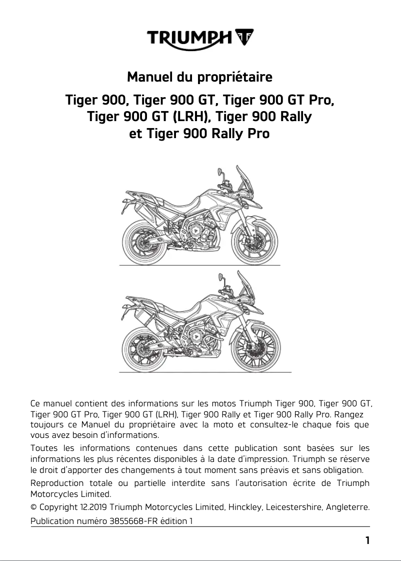 Page 1 de la notice Manuel utilisateur Triumph Tiger 900 (2020)