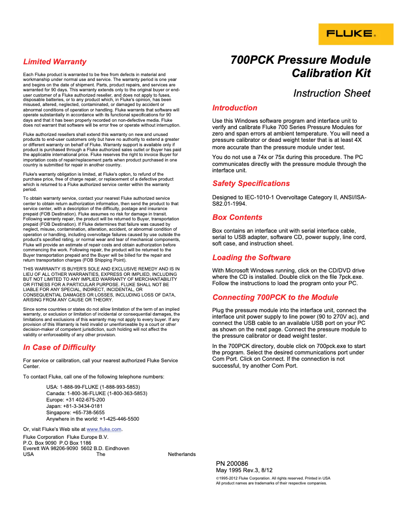 Page 1 de la notice Manuel utilisateur Fluke 700PCK
