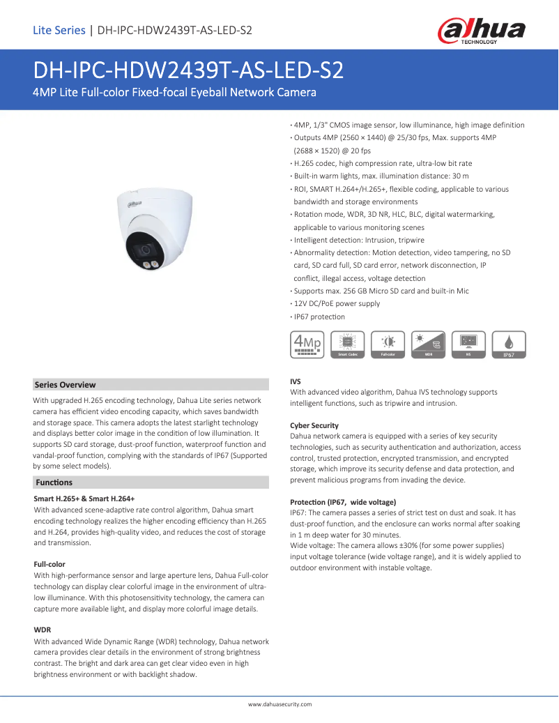 Page n°1 - Fiche technique Dahua Technology IPC-HDW2439T-AS-LED-S2